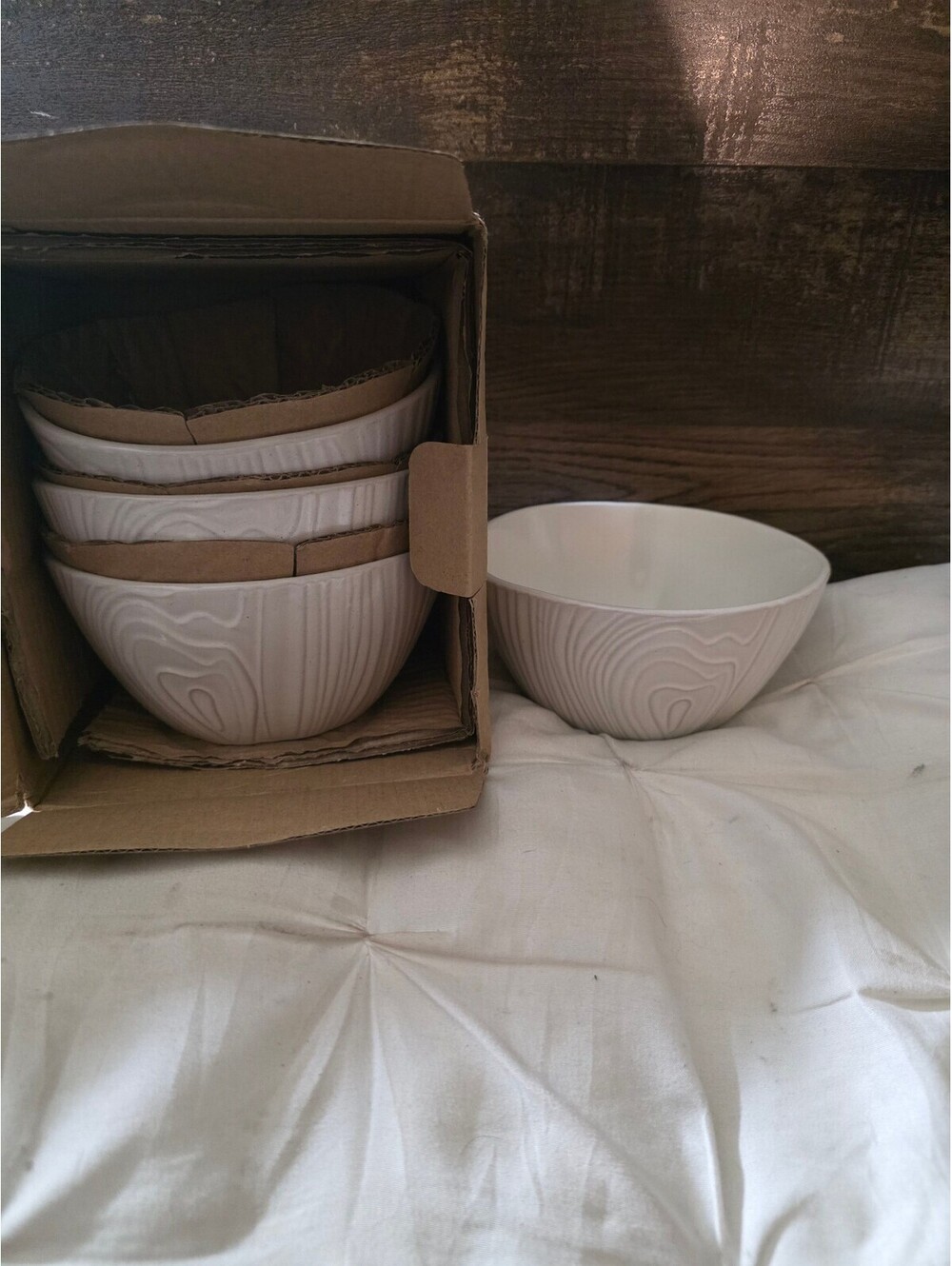 Set of 4 White Textured wood pattern Ceramic Bowls by Martha Stewart